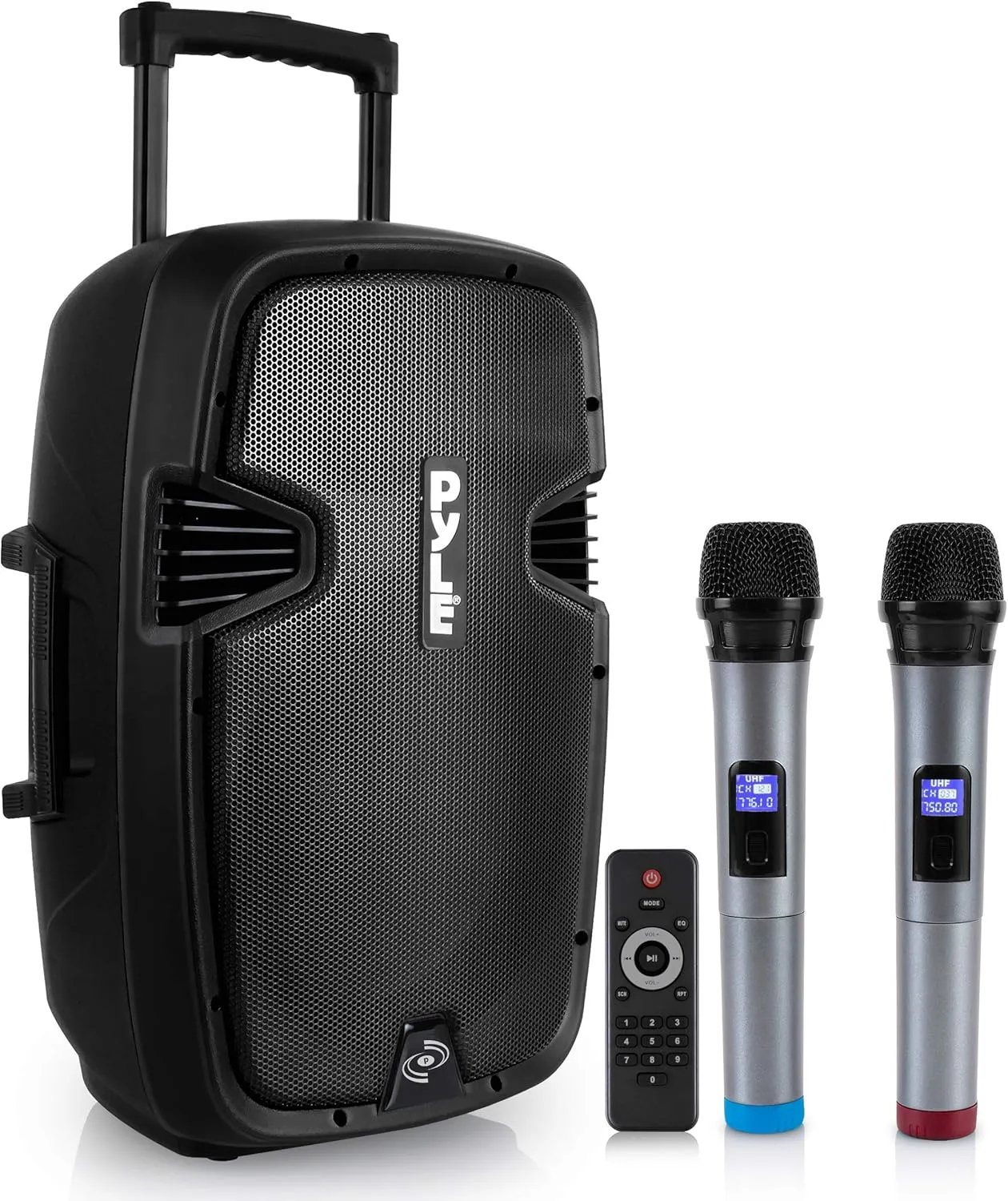 Pyle Karaoke Portable PA Speaker System - 1600W Active Powered Bluetooth Compatible Speaker, Rechargeable Battery, Easy Carry Wheels, USB MP3 RCA, FM Radio, 2 UHF Microphone, Remote - Pyle