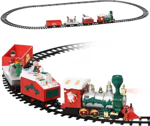 Qaba Electric Train Set for Kids, Battery-Powered Christmas Train Toy Set with Sounds & Lights, Classic Toy Train Set with Gifts Box for 3-8 Years Old Boys Girls, Red