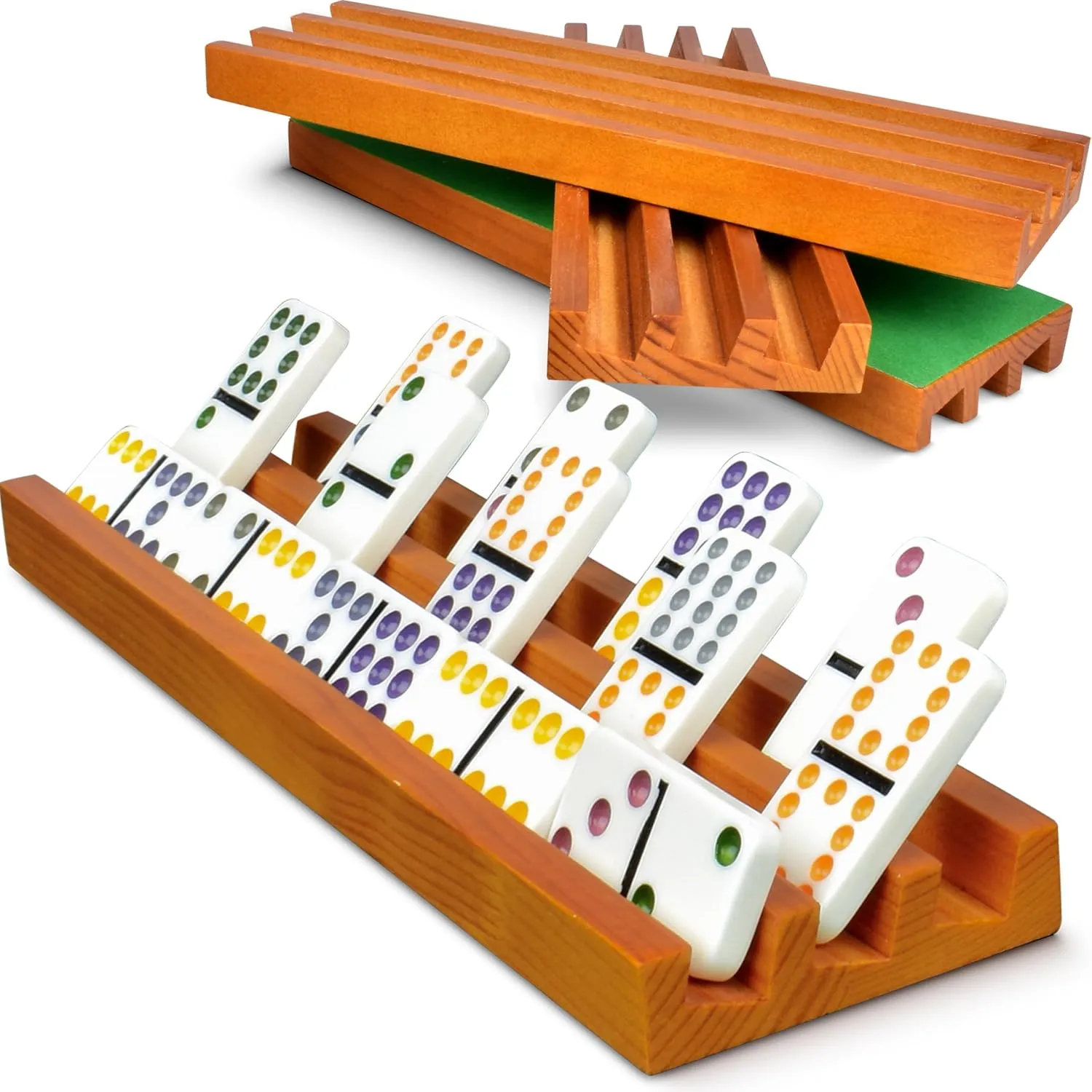 Queensell Domino Holders for Classic Board Games - Wooden Domino Racks Set of 4 - Mexican Train Dominoes Accessories - Domino Trays for Tiles Family Games (Large)