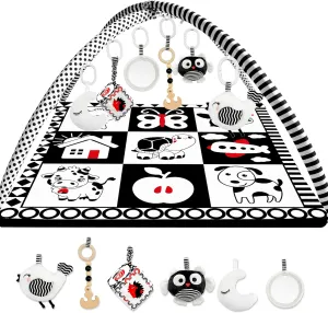 QUOKKA Padded Baby Mat for Floor Tummy Time - Super Soft Black&White Play Mat for Kids Toddlers & Infants - 6 Toys | Thick Pad | Machine Washable | Black White Colors for Vision Development