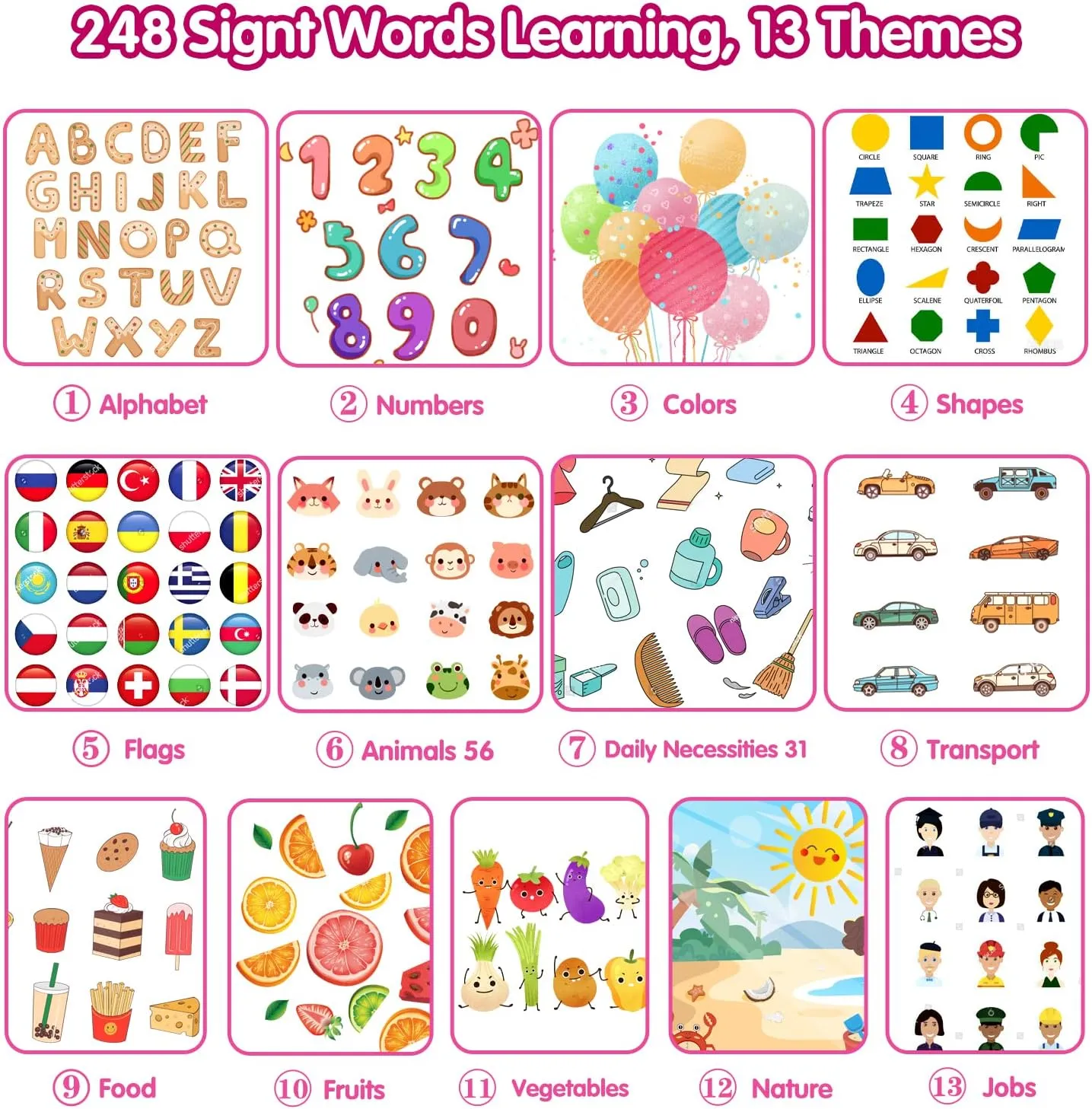 QuTZ ABC Learning Flash Cards for Toddlers 2-4, Autism Toys, Speech Therapy Educational Talking Sight Words Kindergarten Boys and Girls, 248 Pink