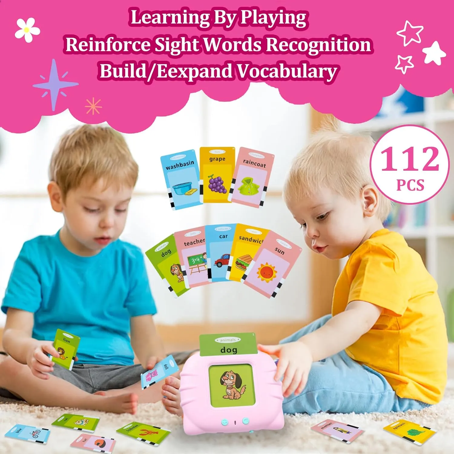 QuTZ ABC Learning Flash Cards for Toddlers 2-4, Autism Toys, Speech Therapy Educational Talking Sight Words Kindergarten Boys and Girls, 248 Pink