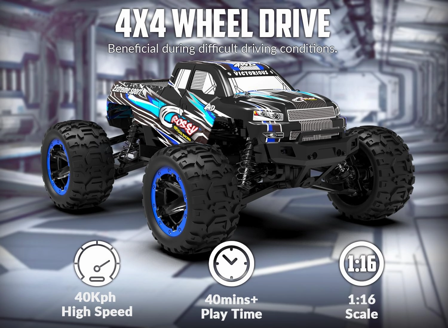 RACENT RC Truck 1:16 4x4 All Terrain RC Car 40KPH High Speed Remote Control Cars for Boys, Off-Road Monster Truck with 2.4Ghz Radio Control, 2 Batteries, Gifts for Kids Adults