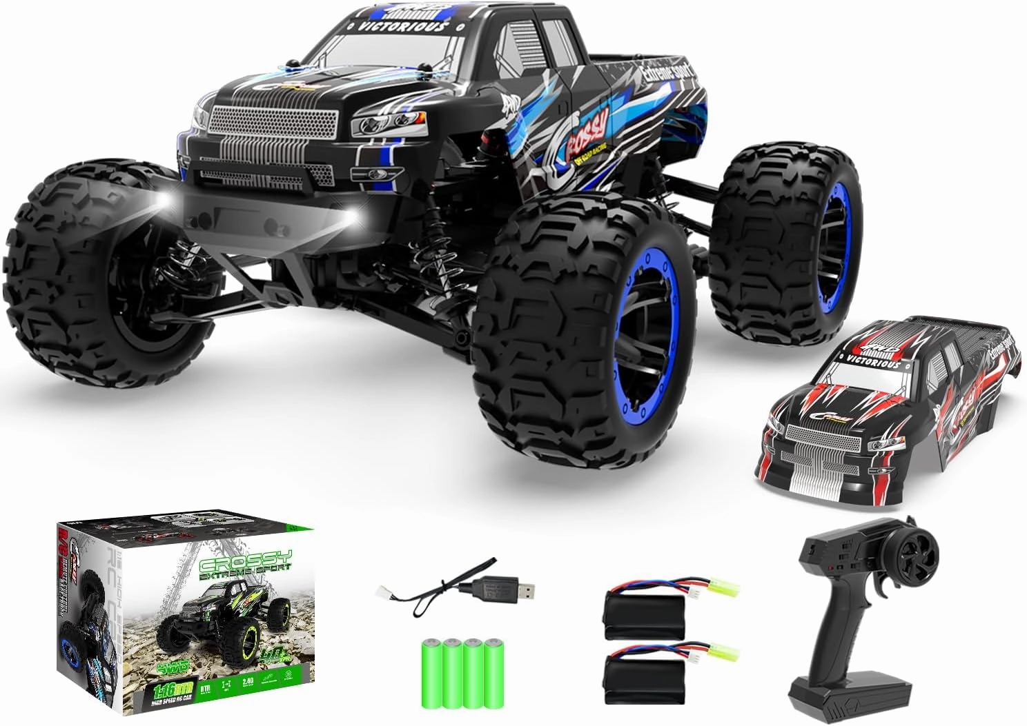 RACENT RC Truck 1:16 4x4 All Terrain RC Car 40KPH High Speed Remote Control Cars for Boys, Off-Road Monster Truck with 2.4Ghz Radio Control, 2 Batteries, Gifts for Kids Adults
