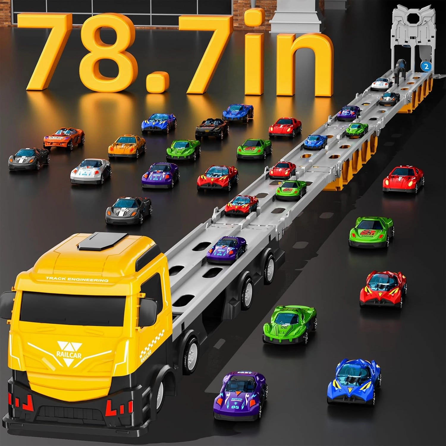 Racing Car Railway Truck Toy for Boys 2 3 4 5 6 7 Years Old - 78.7-inch Transport Carrier Trucks, Foldable Railway Storage, die-cast Car, for Toddlers and Kids Aged 3-5