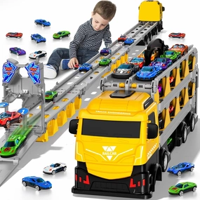 Racing Car Railway Truck Toy for Boys 2 3 4 5 6 7 Years Old - 78.7-inch Transport Carrier Trucks, Foldable Railway Storage, die-cast Car, for Toddlers and Kids Aged 3-5
