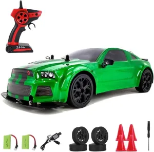 RC Drift Car, 1:14 Remote Control Car, 4WD 30KM/H High Speed RC Racing Car, 2.4GHz Electric Sport Drifting Car with LED Lights, 2 Batteries, Drift Tires and Race Tires for Kids Adults (Green)