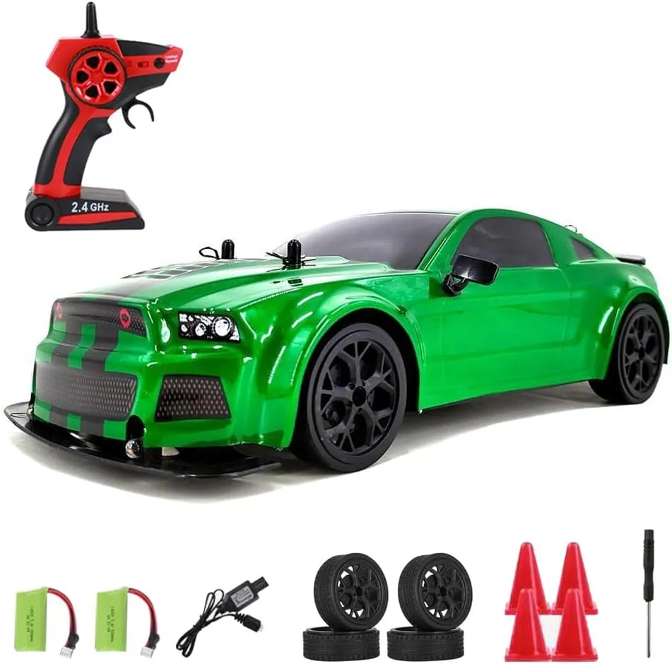 RC Drift Car, 1:14 Remote Control Car, 4WD 30KM/H High Speed RC Racing Car, 2.4GHz Electric Sport Drifting Car with LED Lights, 2 Batteries, Drift Tires and Race Tires for Kids Adults (Green)