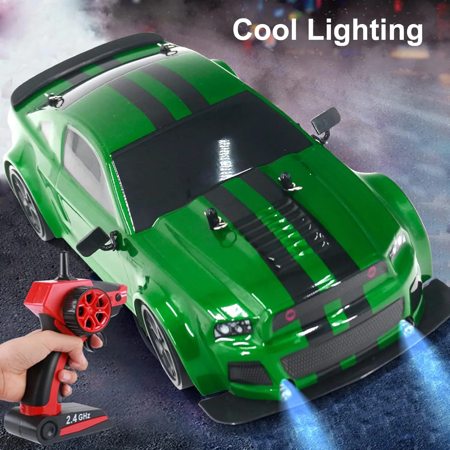RC Drift Car, 1:14 Remote Control Car Electric 4WD Drift RC Cars Vehicle 30km/h High Speed Sport Racing RC Drifting Car with Cool Lights Gifts Toy for Boys Kids Adults(Green, 2 Batteries)