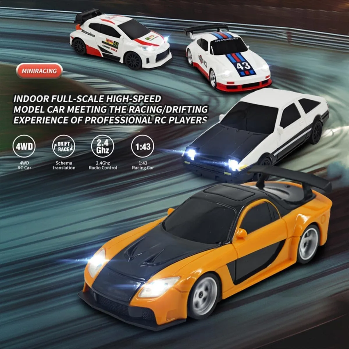 RC Drift Car, 1/43 Scale 2.4G 4WD Full-Proportional Mini Electric Remote Control Racing Sports Car Model with LED Lights, Hobby RC Model Indoor for Adult (RTR Version)