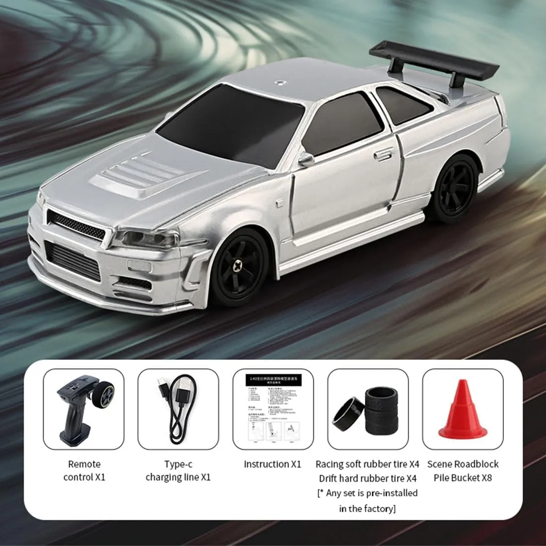 RC Drift Car 1:43 Scale, 2.4GHz 4WD Remote Control Vehicle, 15km/h High-Speed With LED Lights, Drifting Tire Racing Sport Toy for Adults (Silver)