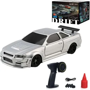 RC Drift Car 1:43 Scale, 2.4GHz 4WD Remote Control Vehicle, 15km/h High-Speed With LED Lights, Drifting Tire Racing Sport Toy for Adults (Silver)