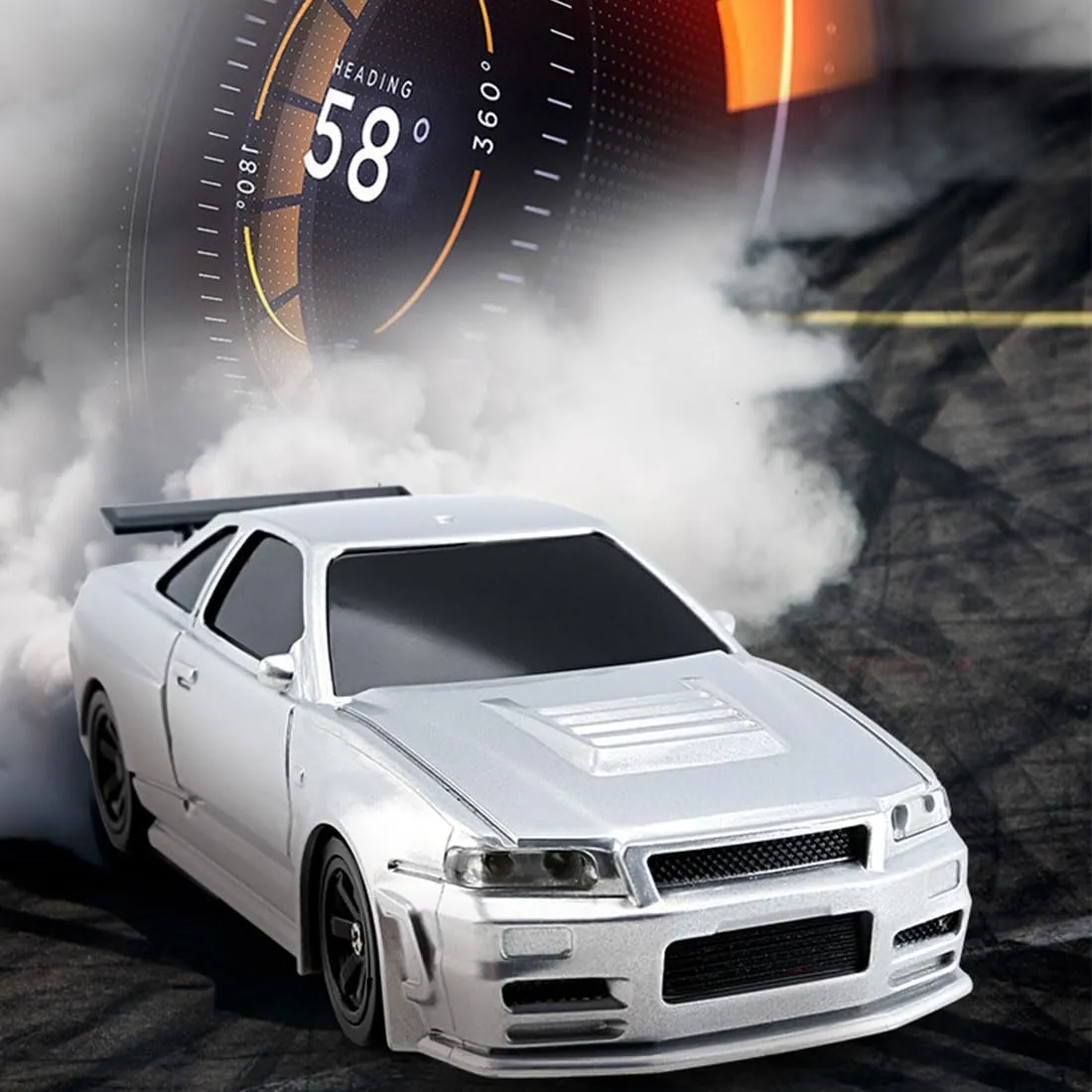 RC Drift Car 1:43 Scale, 2.4GHz 4WD Remote Control Vehicle, 15km/h High-Speed With LED Lights, Drifting Tire Racing Sport Toy for Adults (Silver)