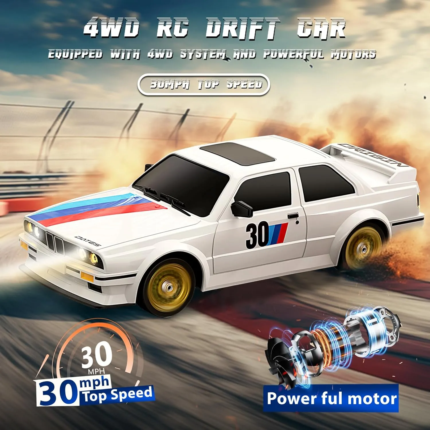 RC Drift Car 2.4GHz 1:16 Scale 4WD 30KM/H High Speed Remote Control Cars Vehicle with LED Lights 2Pcs Rechargeable Batteries Drifting Tires Racing Sport Toy Cars for Adults Boys Girls Kids Gift