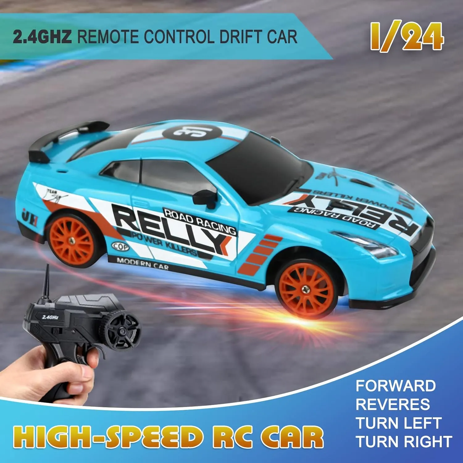 RC Drift Car Remote Control Car 2.4GHz 1:24 Scale 4WD 15KM/H High Speed Model Vehicle LED Lights Drifting Tire Racing Sport Toy for Adult Boys Girls Kids Gift 2Pcs Rechargeable Batterie