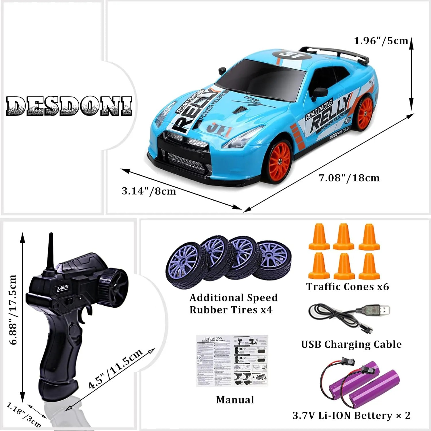 RC Drift Car Remote Control Car 2.4GHz 1:24 Scale 4WD 15KM/H High Speed Model Vehicle LED Lights Drifting Tire Racing Sport Toy for Adult Boys Girls Kids Gift 2Pcs Rechargeable Batterie