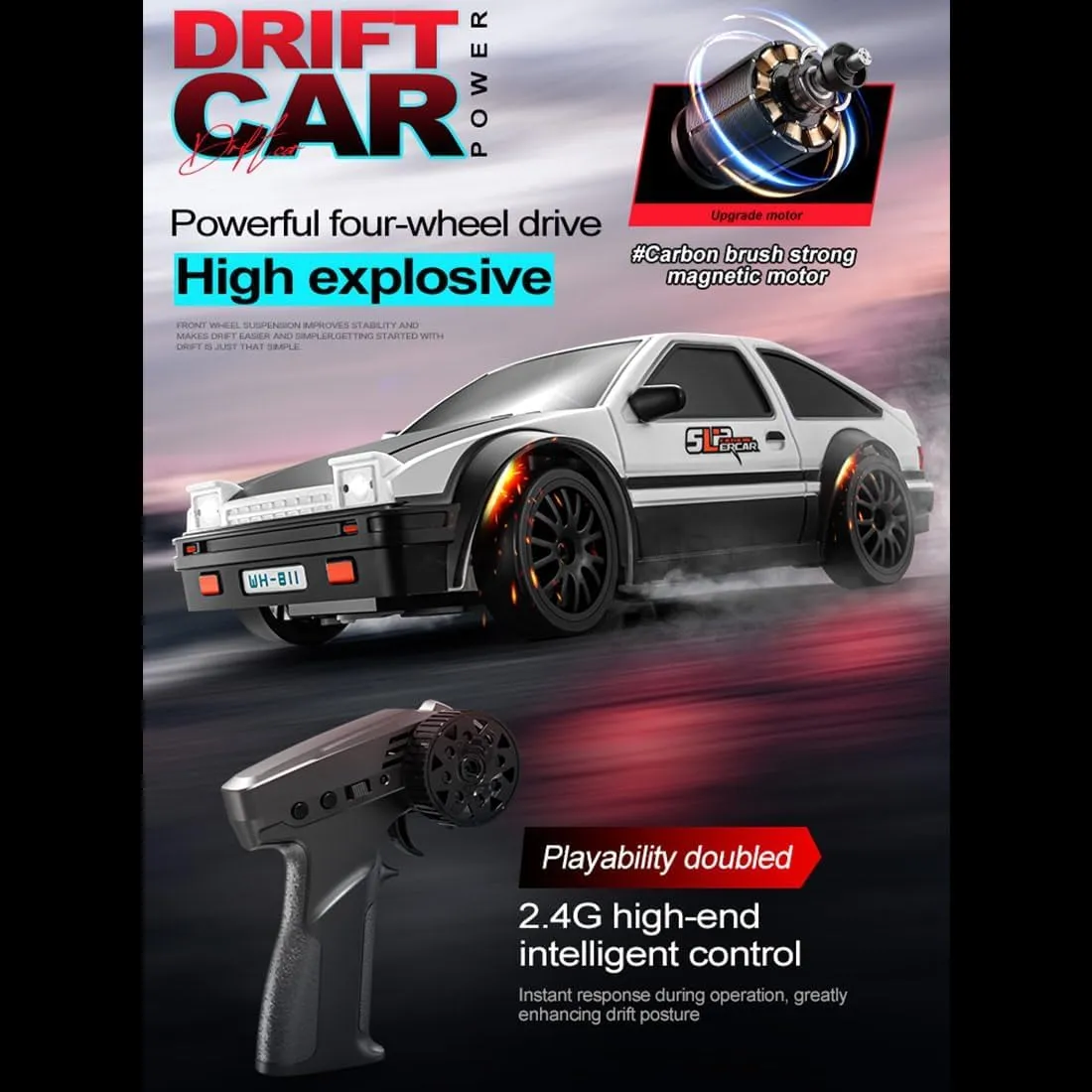 RC Drift Racing Car Model with Lights, 15km/h 1/24 Scale 2.4G Mini Remote Control Electric 4WD High Speed Racing Car Vehicle Toys for Adults Gift - RTR Version