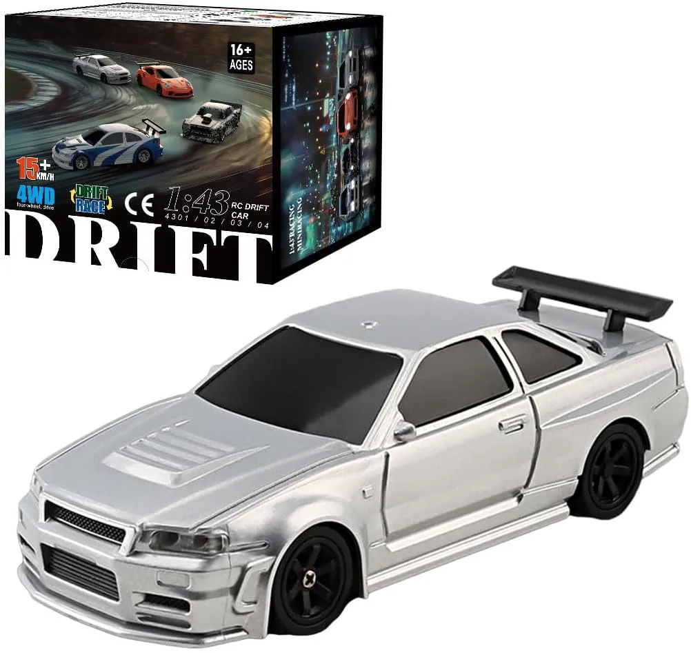 RC Mini Drift Car With Lights Kit - 1/43 Scale 2.4G Electric 4WD Racing Sports Remote Control High-Speed for Boys Girls Adults - RTR Version/Silver