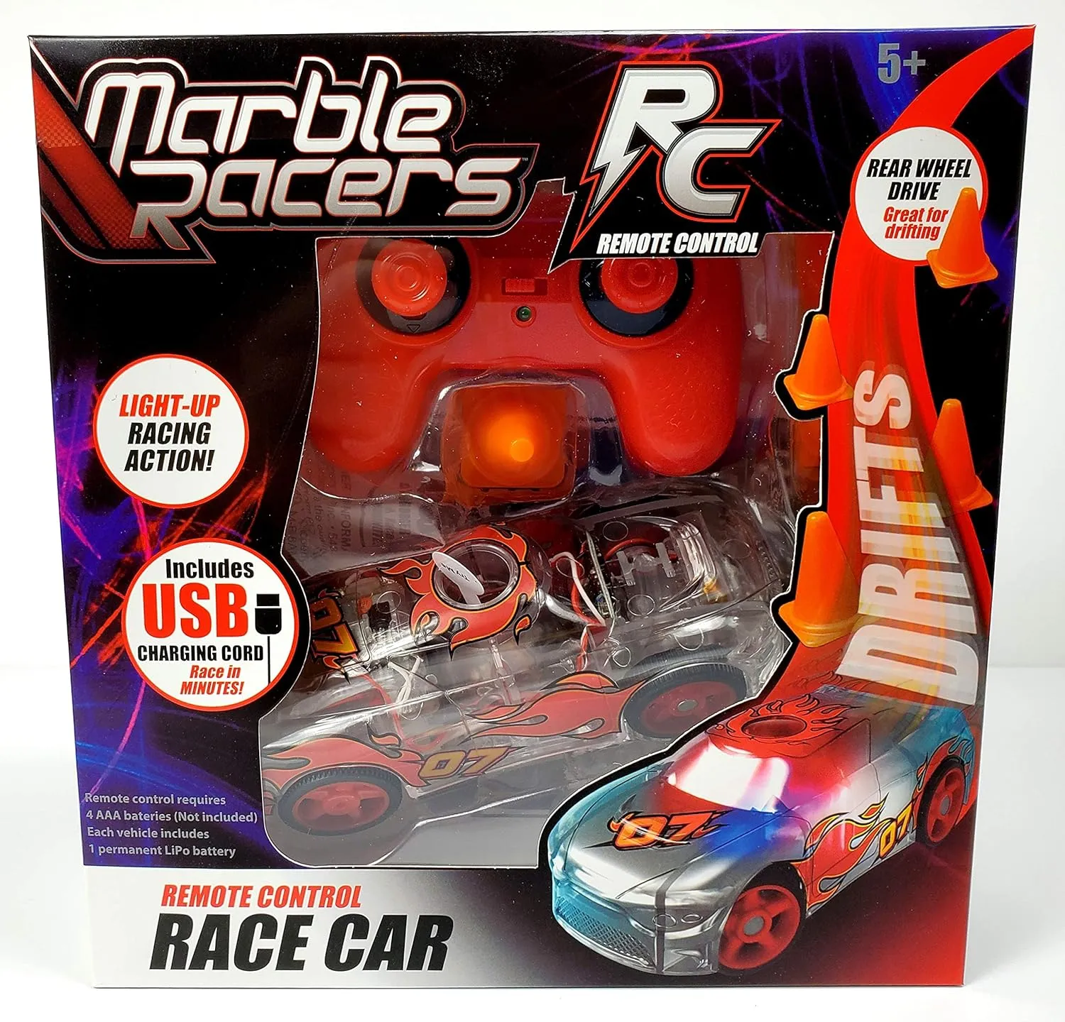 R/C Remote Control Light Up Rechargable Rear-Wheel Drive Race Car with Easy-Turn Technology for Any Hard Surface, Red