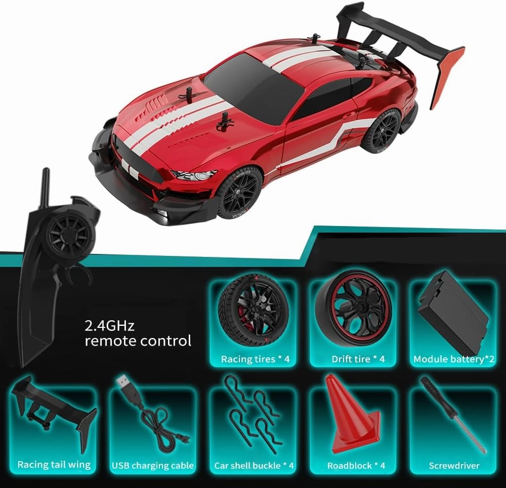 RC Drift Car, 1:14 4WD 40KM/H High Speed RC Racing Car with LED Lights, 2 Batteries, Drifting and Racing Tires for Kids and Adults (Red)