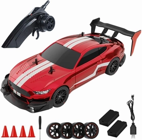 RC Drift Car, 1:14 4WD 40KM/H High Speed RC Racing Car with LED Lights, 2 Batteries, Drifting and Racing Tires for Kids and Adults (Red)