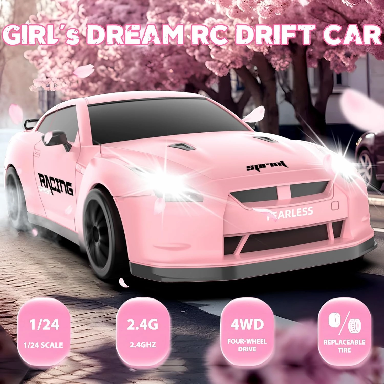 RC Drift Car, 1/24 Pink Remote Control Car for Girls, 2.4GHz 4WD High Speed Drifting RC Cars with LED Light and Drift Tires, Racing Toy Car for Kids Adults Girl Boys, Pink