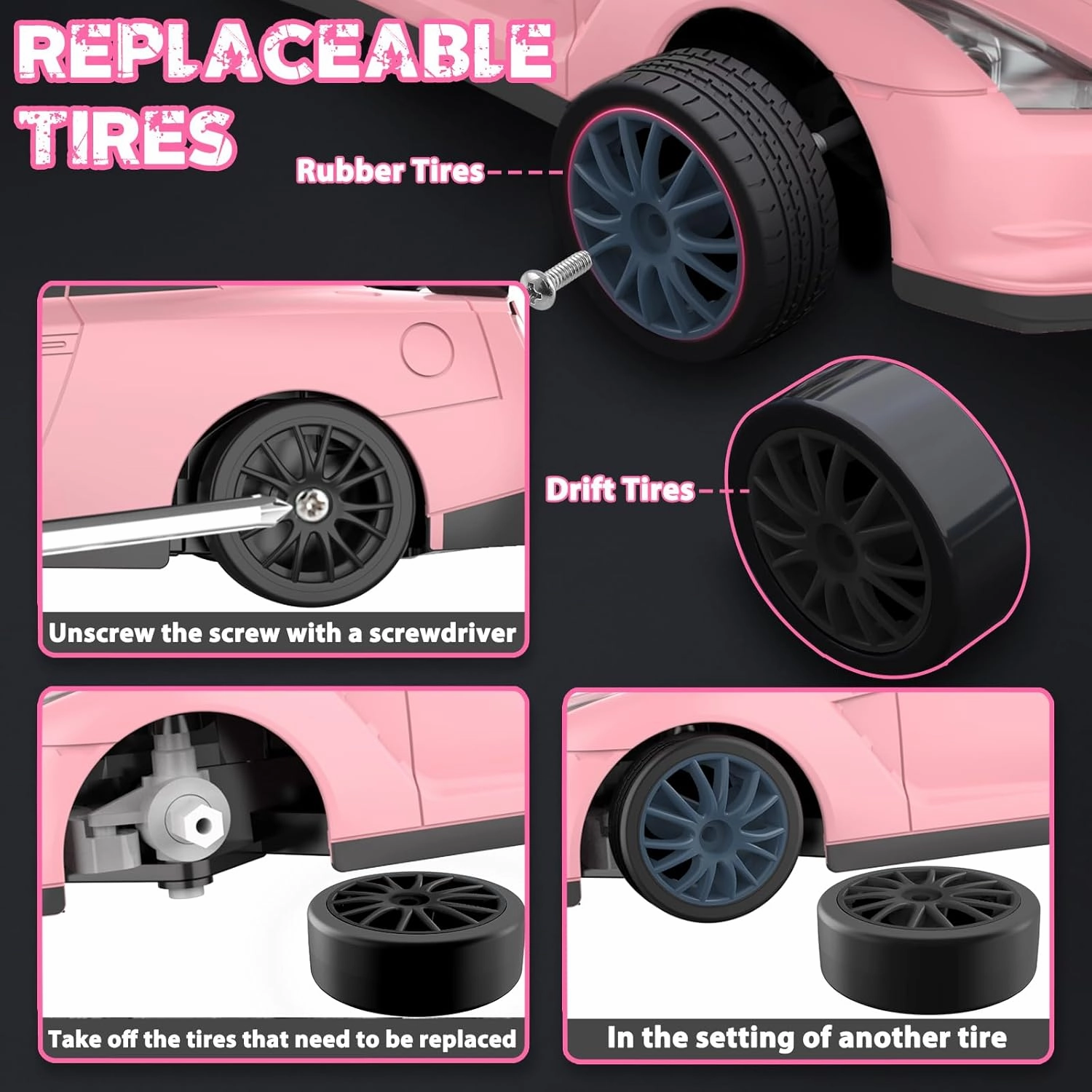 RC Drift Car, 1/24 Pink Remote Control Car for Girls, 2.4GHz 4WD High Speed Drifting RC Cars with LED Light and Drift Tires, Racing Toy Car for Kids Adults Girl Boys, Pink