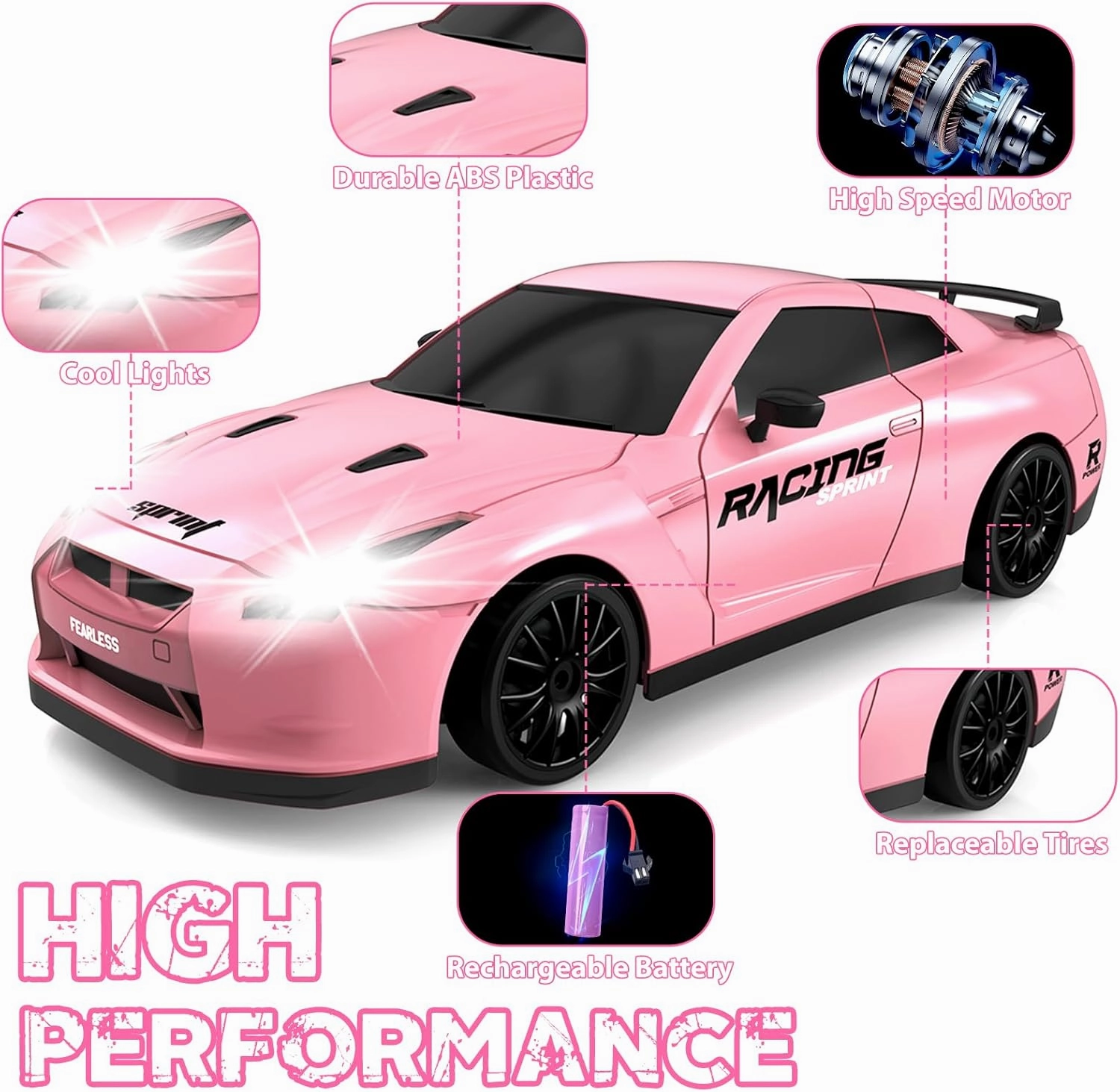 RC Drift Car, 1/24 Pink Remote Control Car for Girls, 2.4GHz 4WD High Speed Drifting RC Cars with LED Light and Drift Tires, Racing Toy Car for Kids Adults Girl Boys, Pink