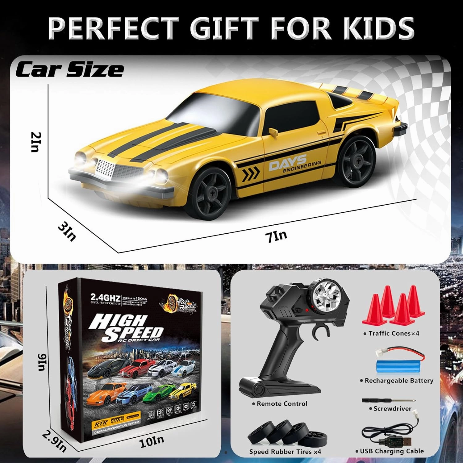 RC Drift Car 1:24 Remote Control Car 4WD 15KM/H High Speed Racing Sport Car with LED Lights RC Cars Toy Cars for Kids Boys Girls Adults Gifts Birthday Christmas Rechargeable Batteries