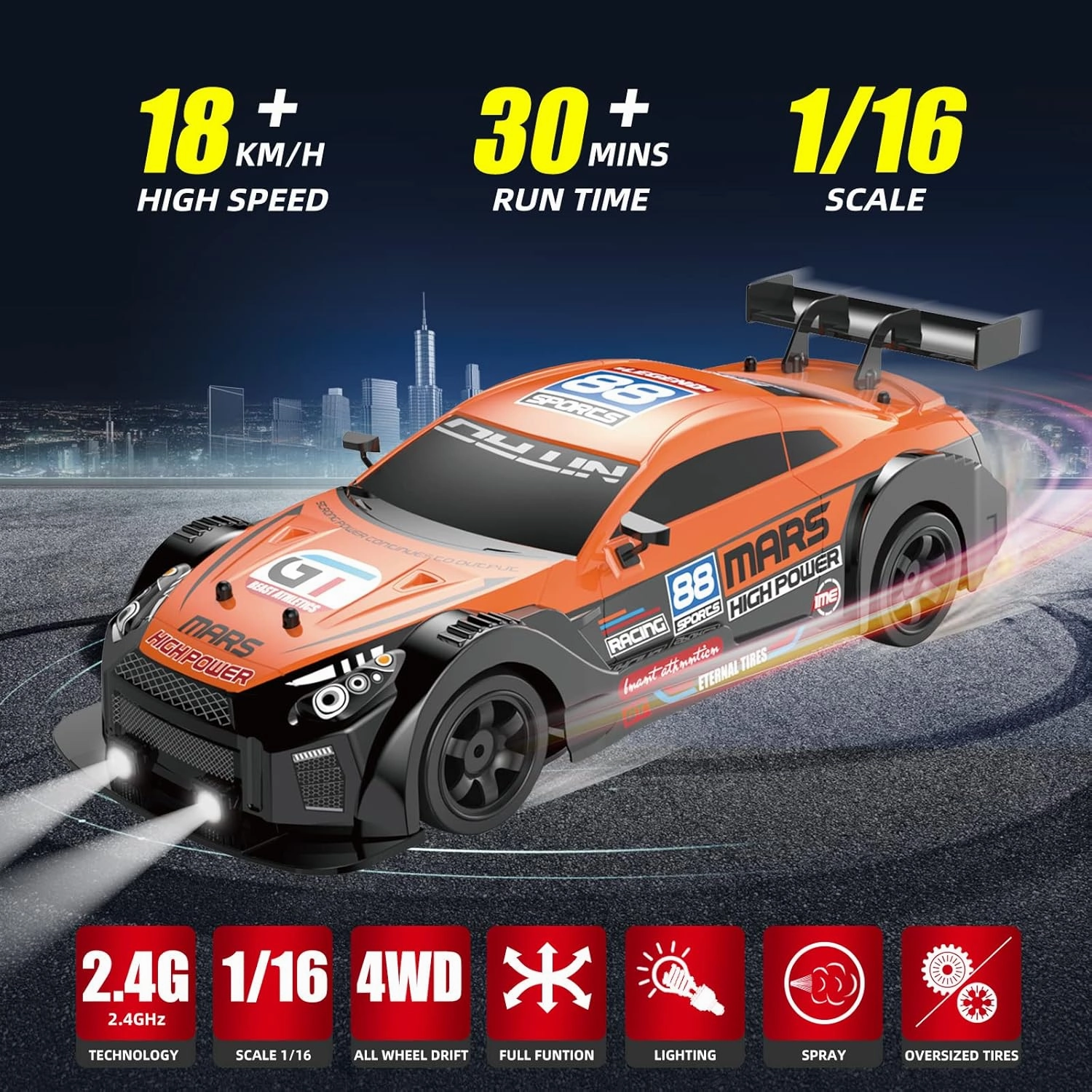 RC Drift Car 2.4GHz 1:16 Scale 4WD High Speed Remote Control Cars Vehicle with LED Lights Two Batteries and Drifting Tires Racing Sport Toy Cars for Adults Boys Girls Kids