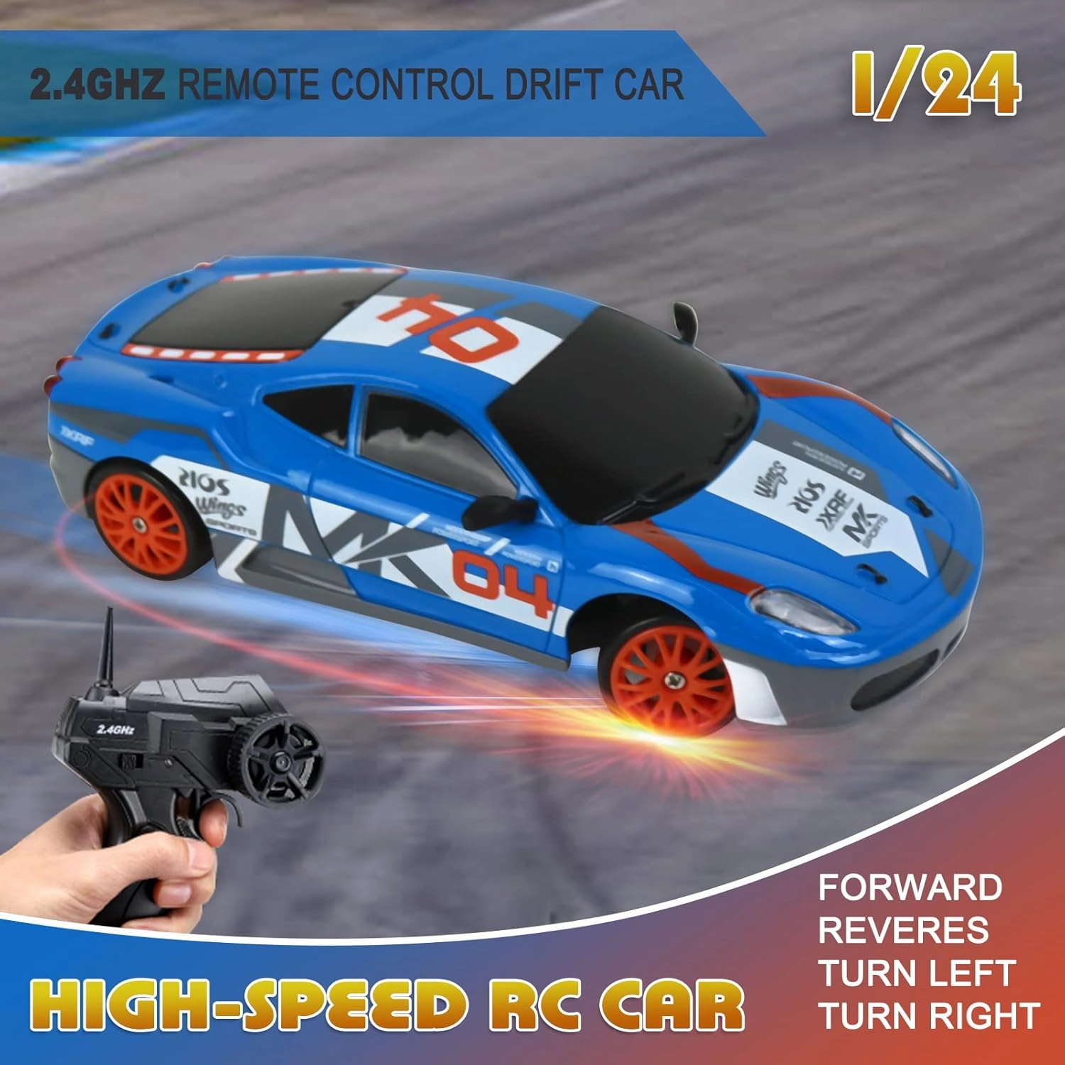 RC Drift Car Remote Control Car 2.4GHz 1:24 Scale 4WD 15KM/H High Speed Model Vehicle LED Lights Drifting Tire Racing Sport Toy for Adult Boys Girls Kids Gift 2Pcs Rechargeable Batterie