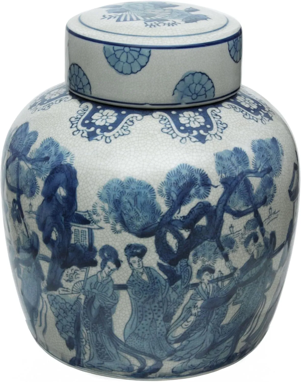 Red Lantern 10" Ladies Blue & White Porcelain Ginger Jar