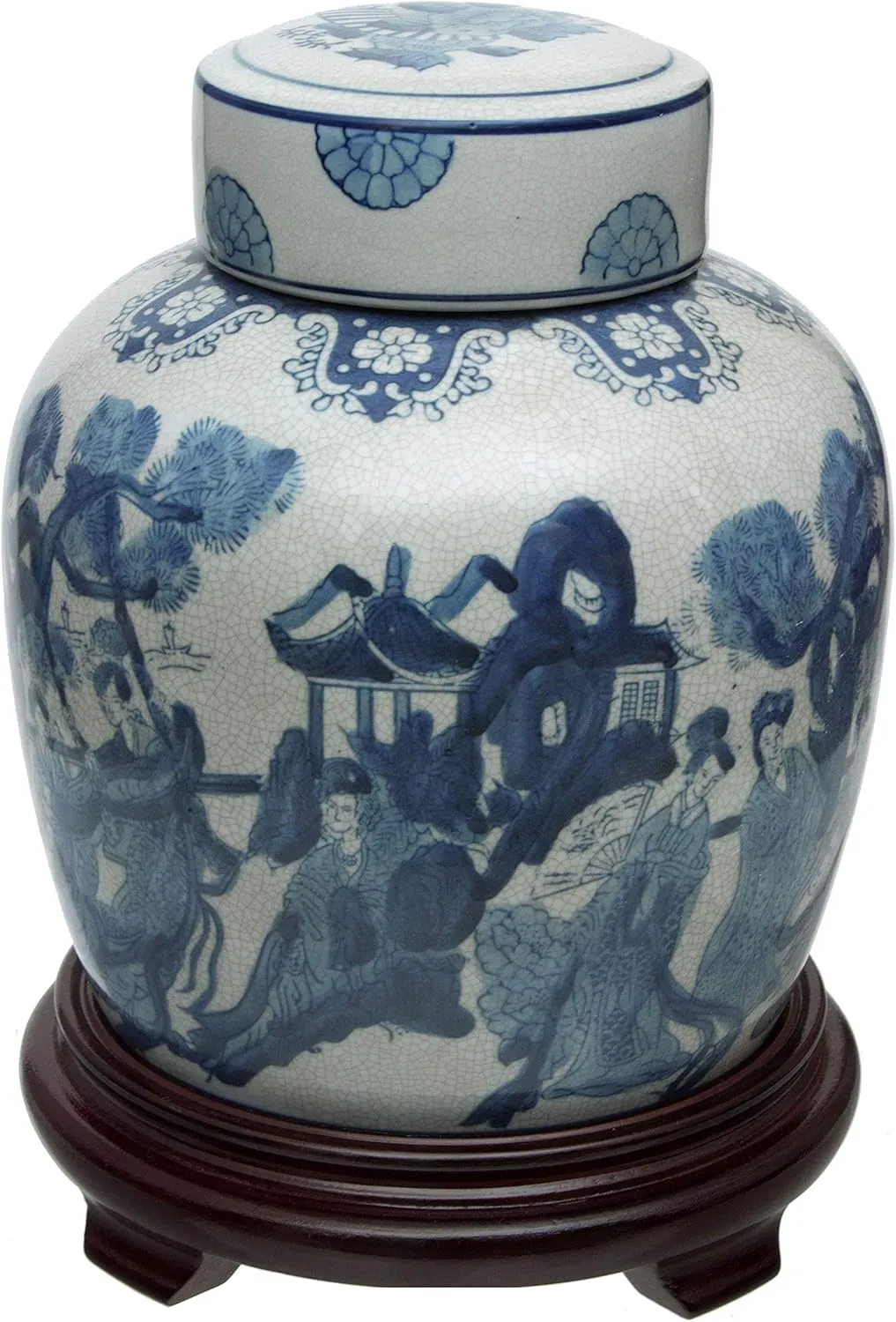 Red Lantern 10" Ladies Blue & White Porcelain Ginger Jar