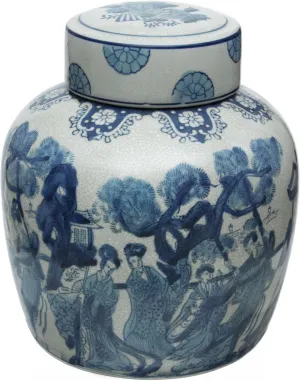 Red Lantern 10" Ladies Blue & White Porcelain Ginger Jar