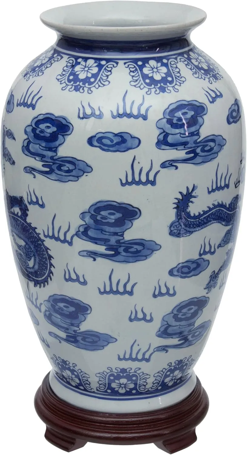 Red Lantern 14" Dragon Blue & White Porcelain Tung Chi Vase