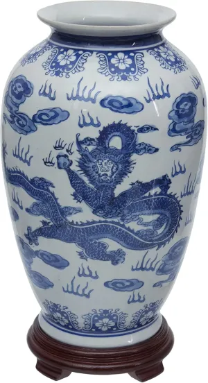 Red Lantern 14" Dragon Blue & White Porcelain Tung Chi Vase