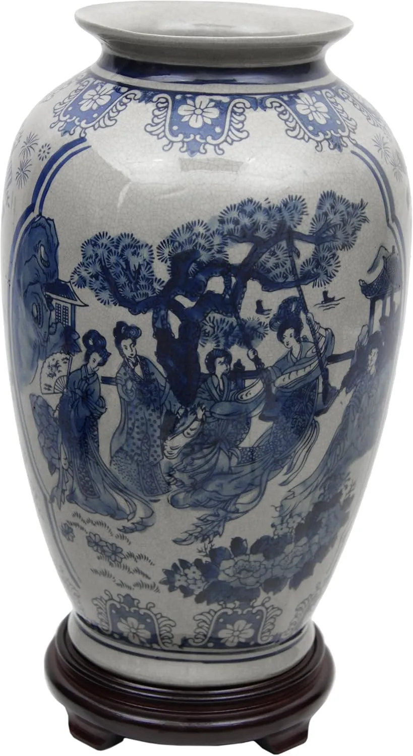 Red Lantern 14" Ladies Blue & White Porcelain Tung Chi Vase