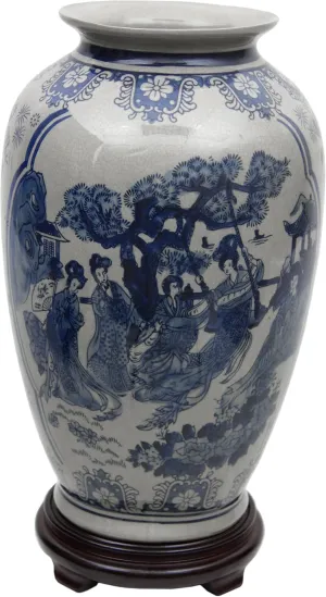 Red Lantern 14" Ladies Blue & White Porcelain Tung Chi Vase