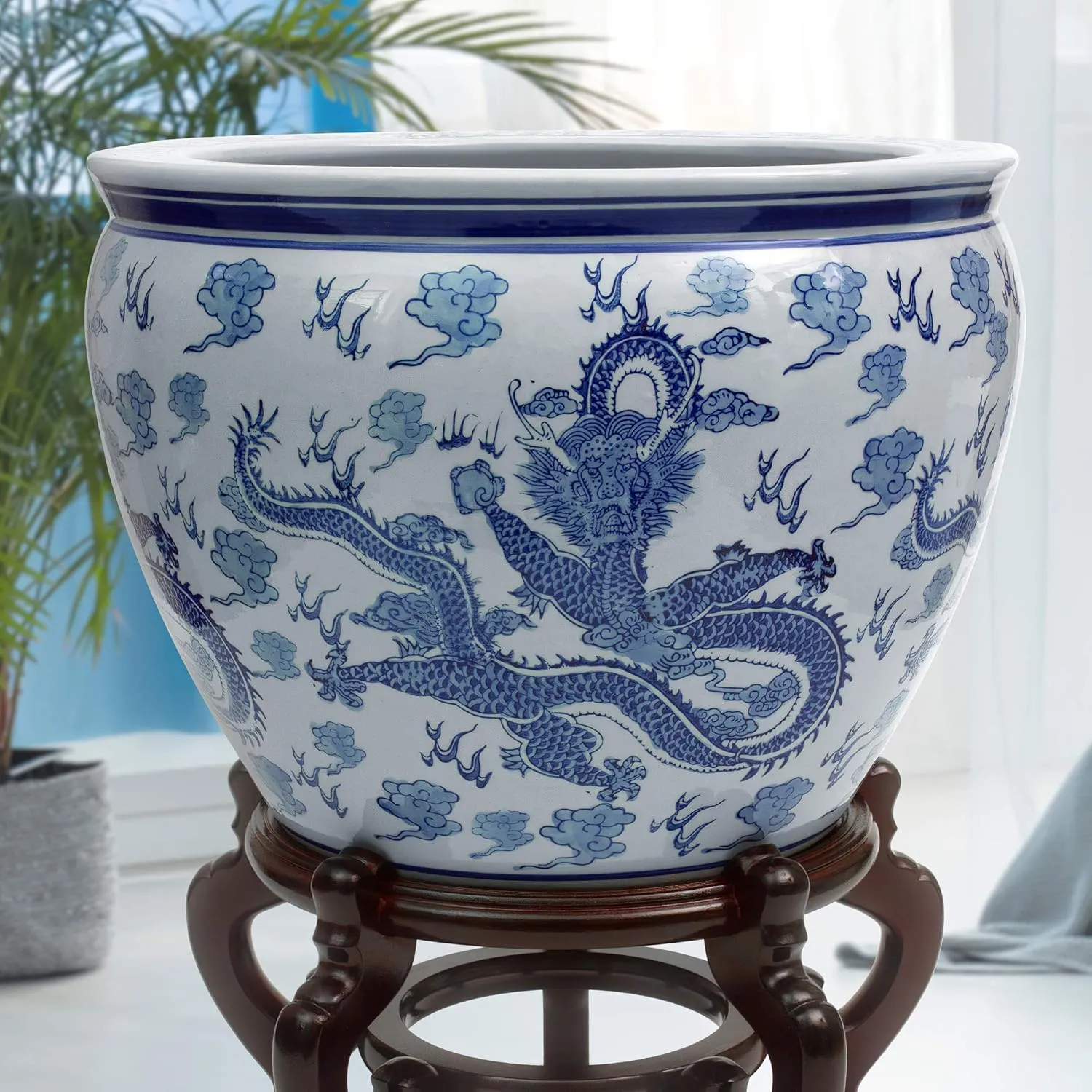Red Lantern 16" Dragon Blue & White Porcelain Fishbowl