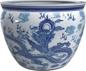 Red Lantern 16" Dragon Blue & White Porcelain Fishbowl
