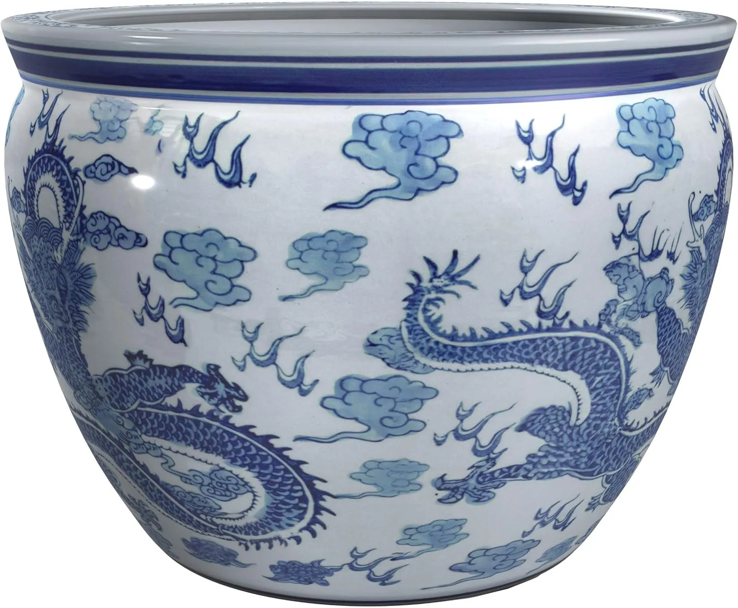 Red Lantern 16" Dragon Blue & White Porcelain Fishbowl