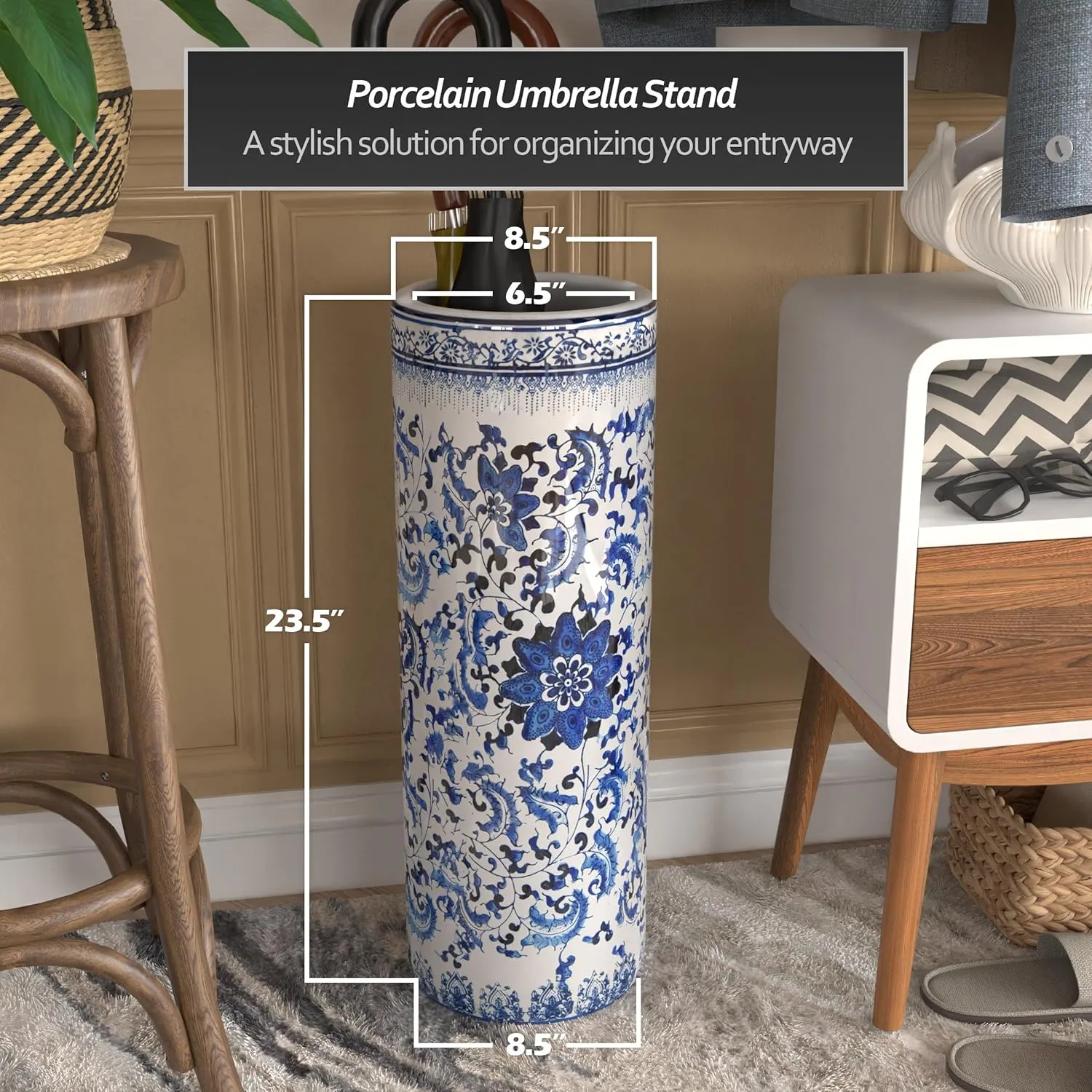 Red Lantern 24" Floral Blue & White Porcelain Umbrella Stand