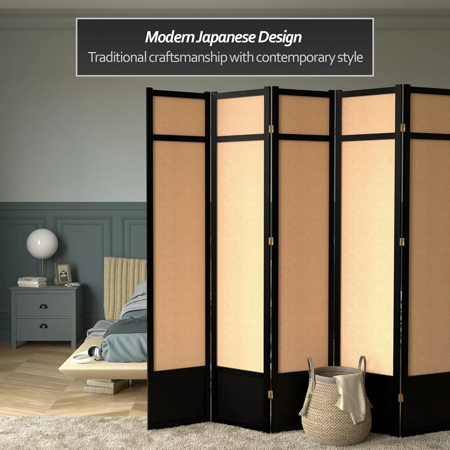Red Lantern 7 ft. Tall Jute Shoji Screen-6 Panel-Black Room Divider