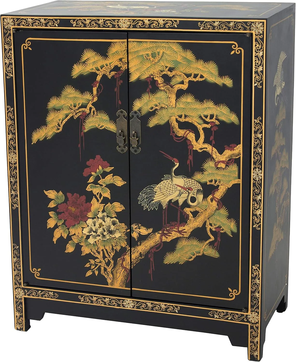 Red Lantern Hand Crafted Artisanal Black Lacquer Cabinet