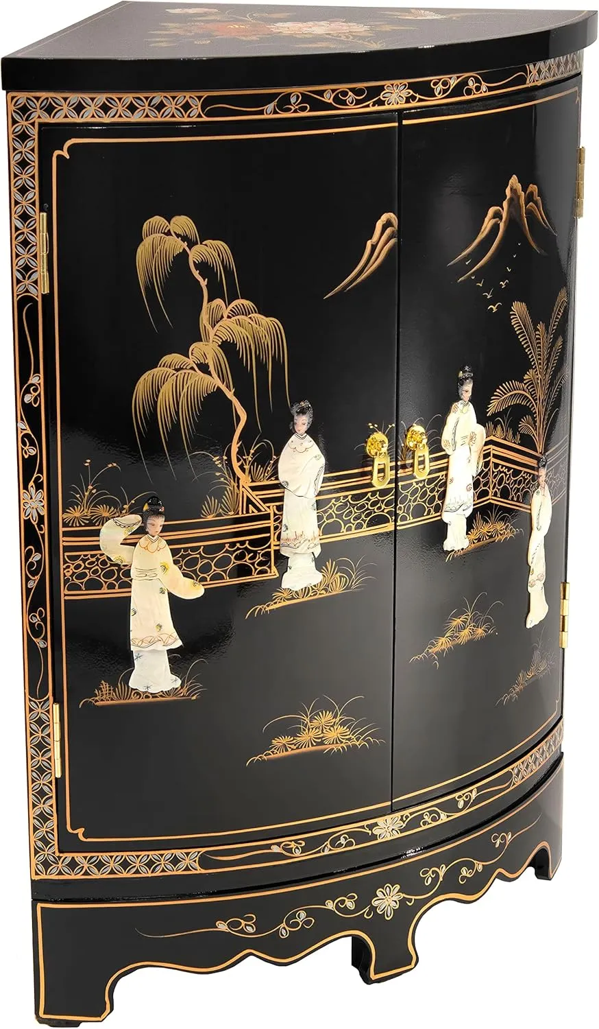 Red Lantern Hand Crafted Artisanal Black Lacquer Round Corner Cabinet - Royal Ladies