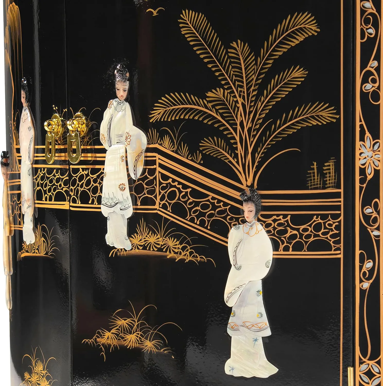 Red Lantern Hand Crafted Artisanal Black Lacquer Round Corner Cabinet - Royal Ladies