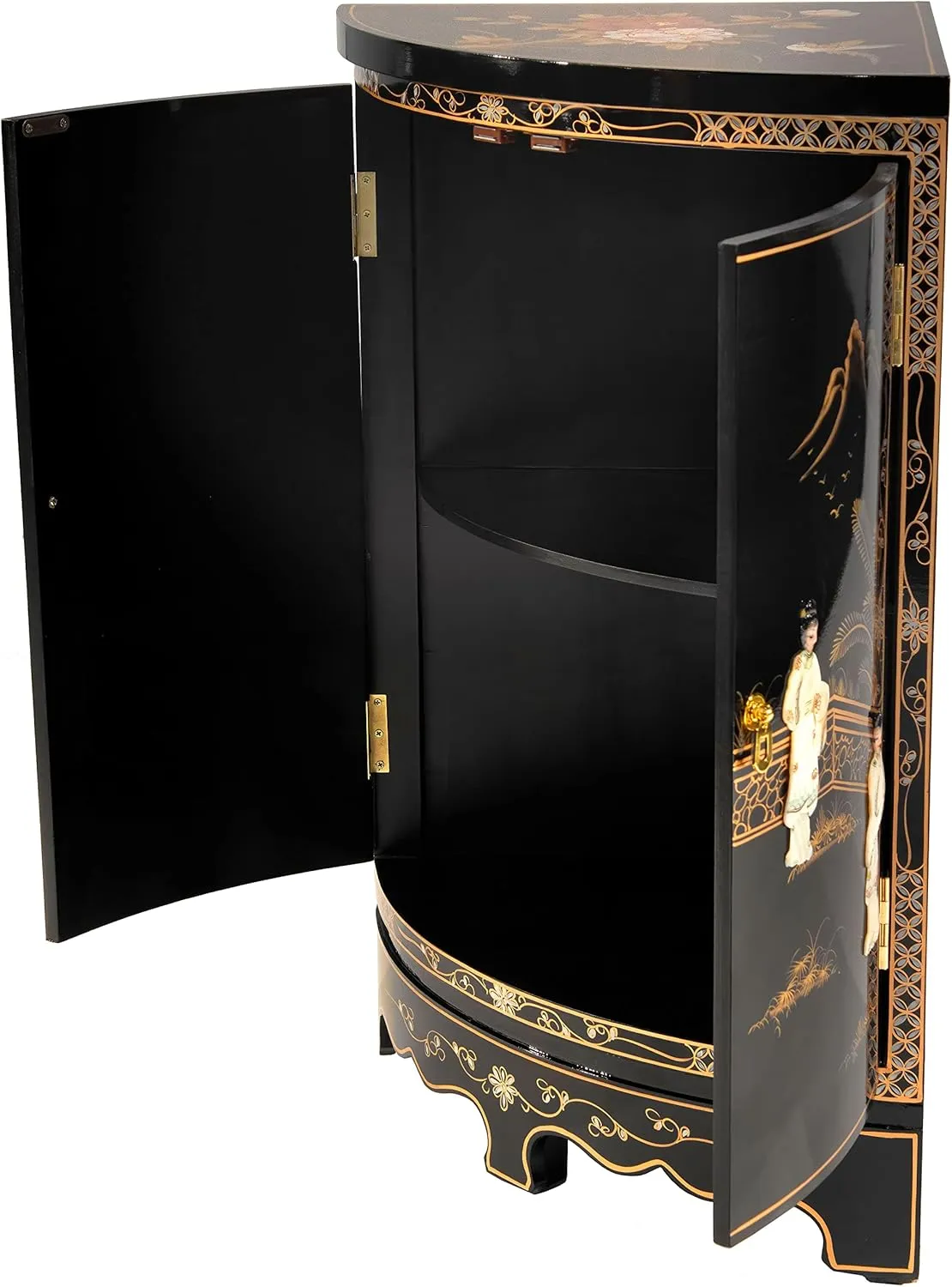 Red Lantern Hand Crafted Artisanal Black Lacquer Round Corner Cabinet - Royal Ladies