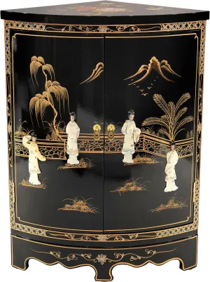 Red Lantern Hand Crafted Artisanal Black Lacquer Round Corner Cabinet - Royal Ladies