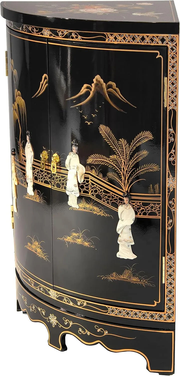 Red Lantern Hand Crafted Artisanal Black Lacquer Round Corner Cabinet - Royal Ladies