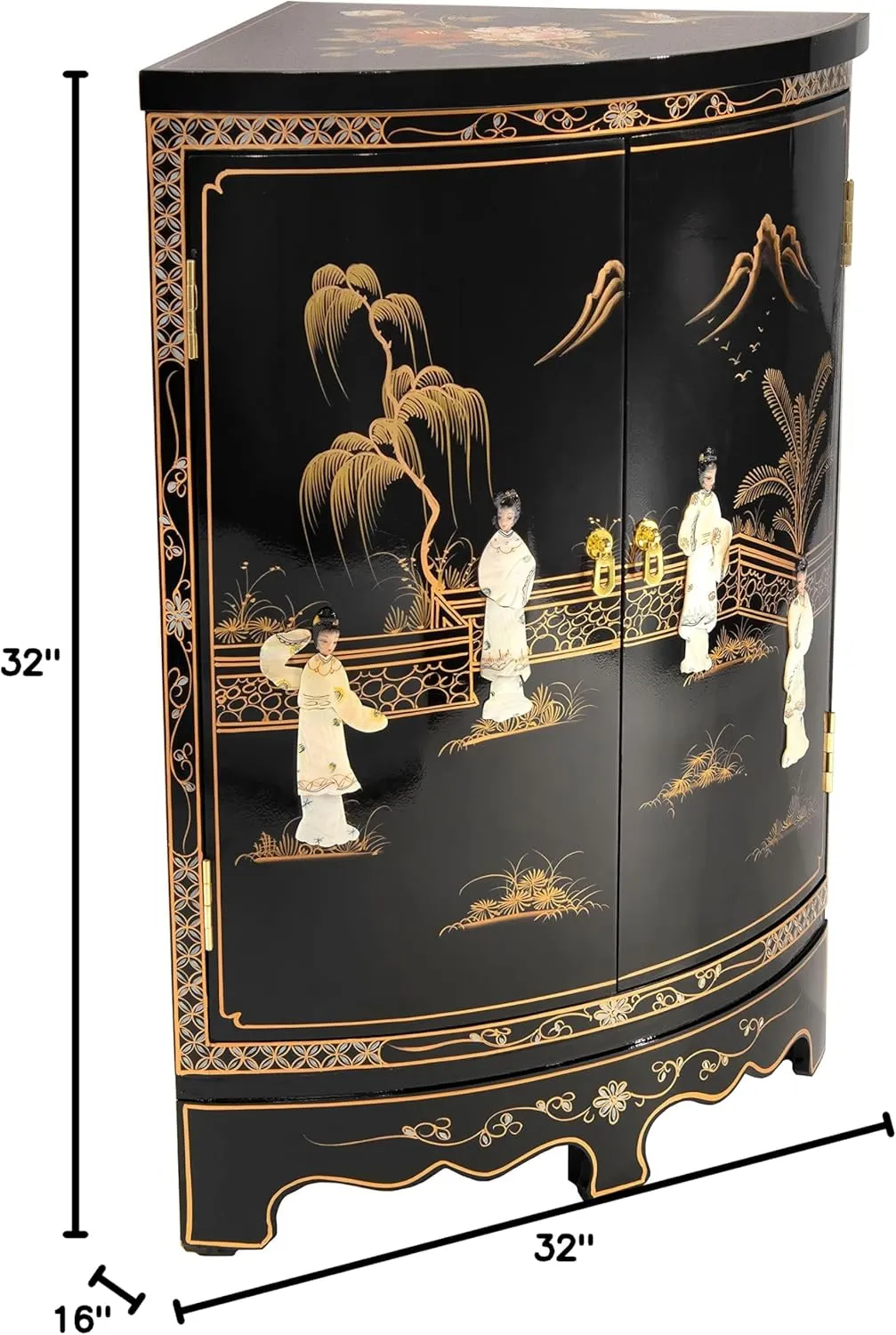 Red Lantern Hand Crafted Artisanal Black Lacquer Round Corner Cabinet - Royal Ladies